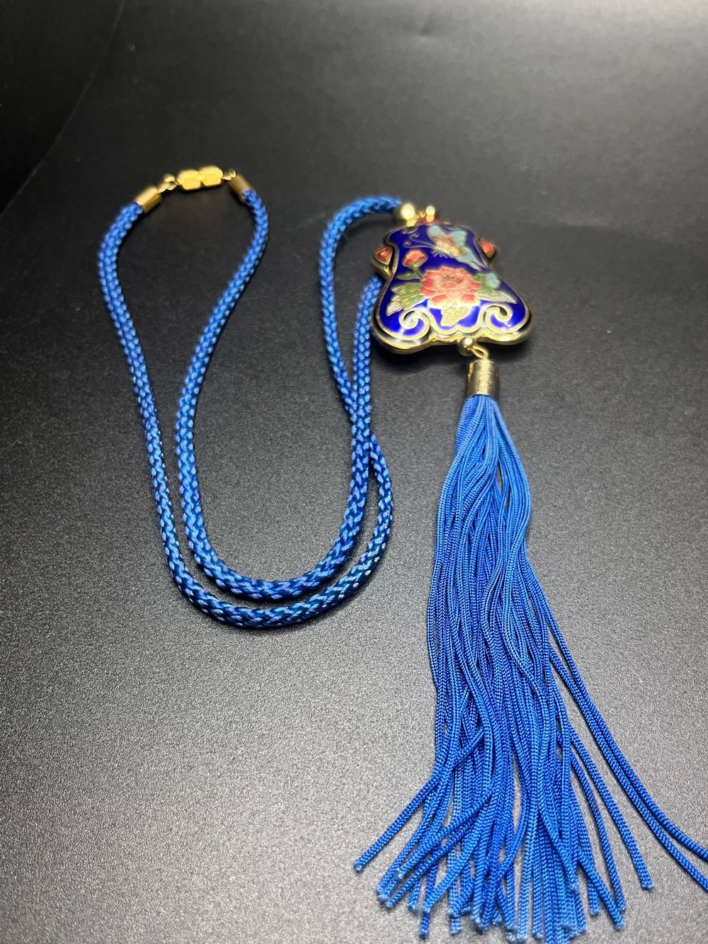 Vintage cloisonné butterfly floral tassel necklace
